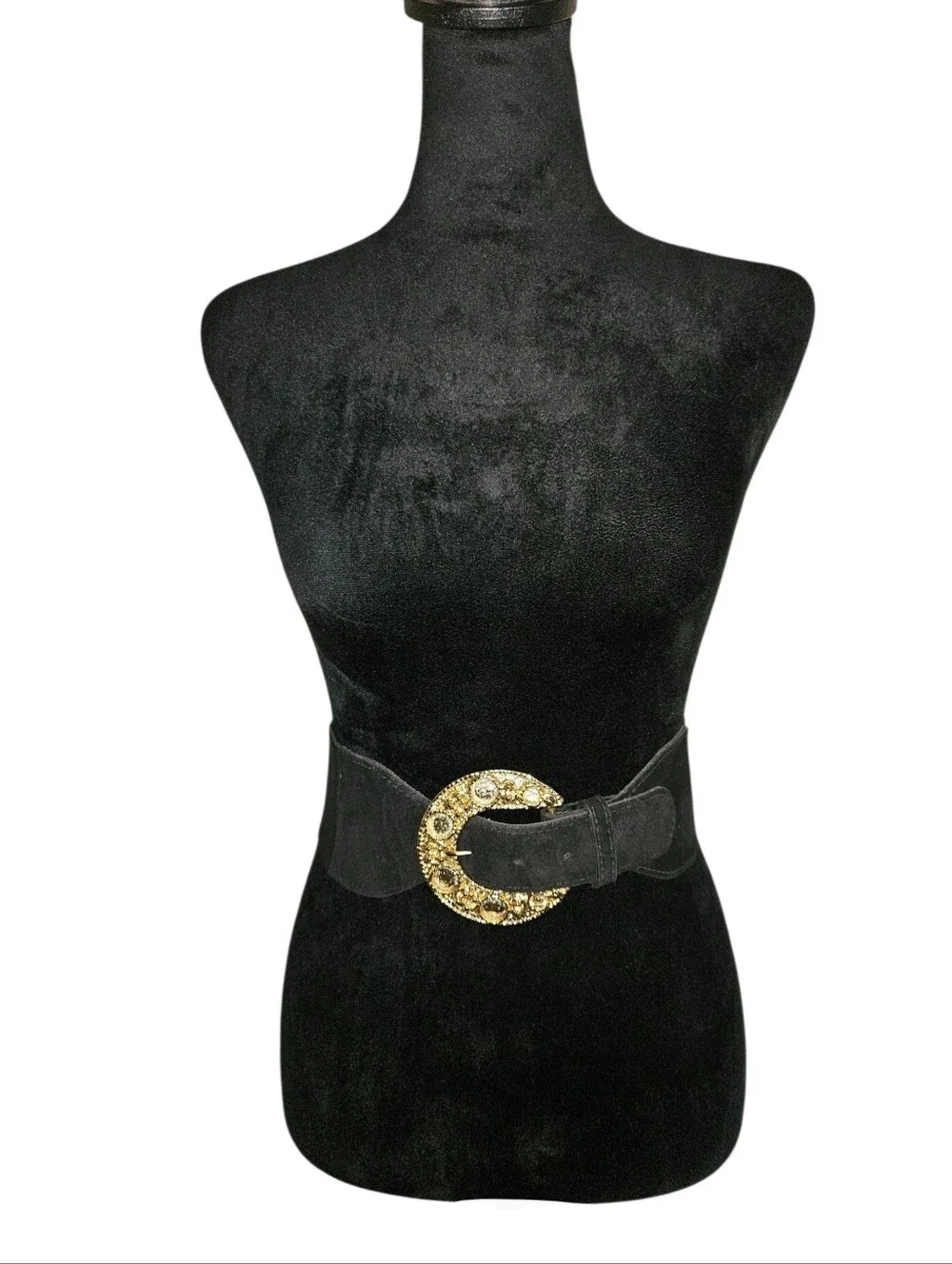 Vintage Prestige 80's Black/ Gold Suede Leather Wide Stretch Statement Belt O/S
